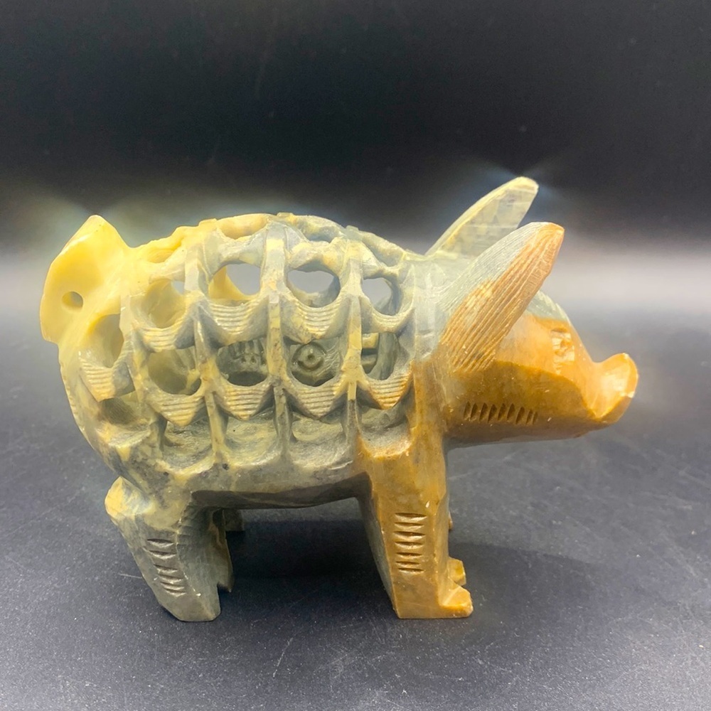 SOAPSTONE Carved Pig Figure Hollow with Smaller Pig Inside